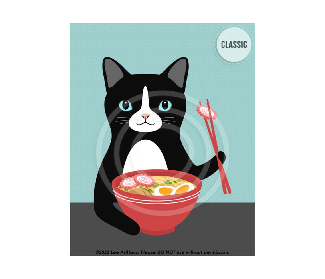Black And White Cat Eating Ramen Bowl Cute Kitty Lover Kitchen Wall Poster - Image 5