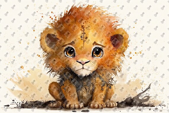 Baby Lion Cub Watercolor Big Eyes Cute Nursery Animal Wall Art Poster