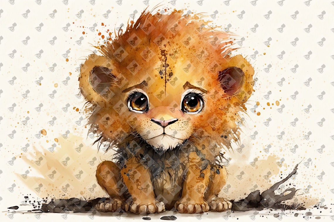 Baby Lion Cub Watercolor Big Eyes Cute Nursery Animal Wall Art Poster