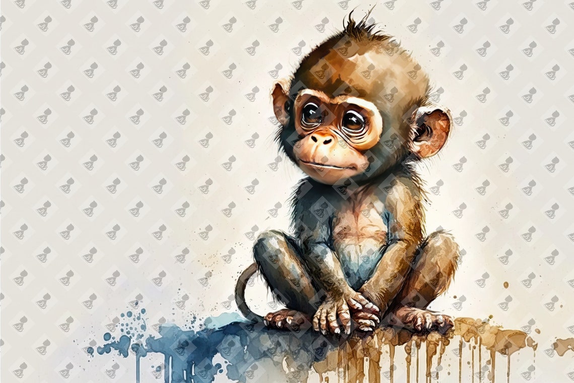 Baby Monkey Watercolor Big Eyes Cute Nursery Animal Wall Art Poster