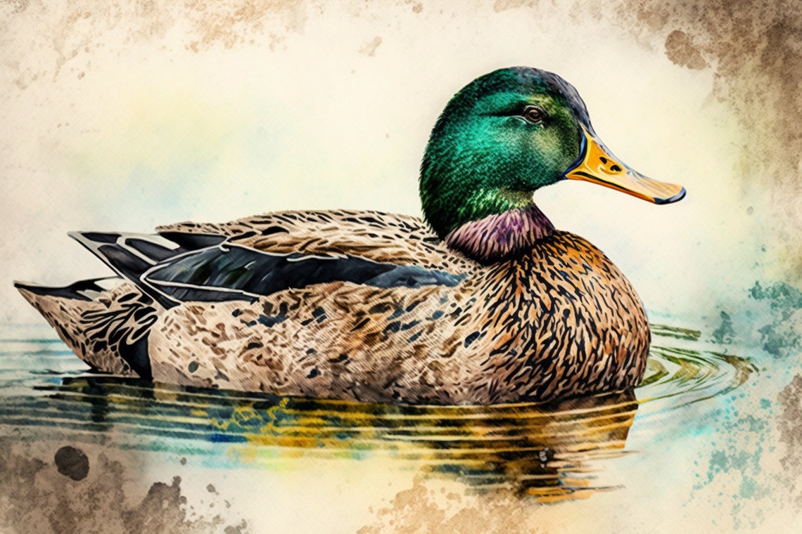 Mallard Drake Duck Watercolor Swimming Reflection Pond Poster