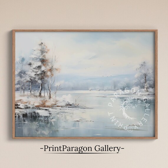 Soft Winter Lake Minimalist Pale Blue Landscape Oil Painting Calm Wall Art