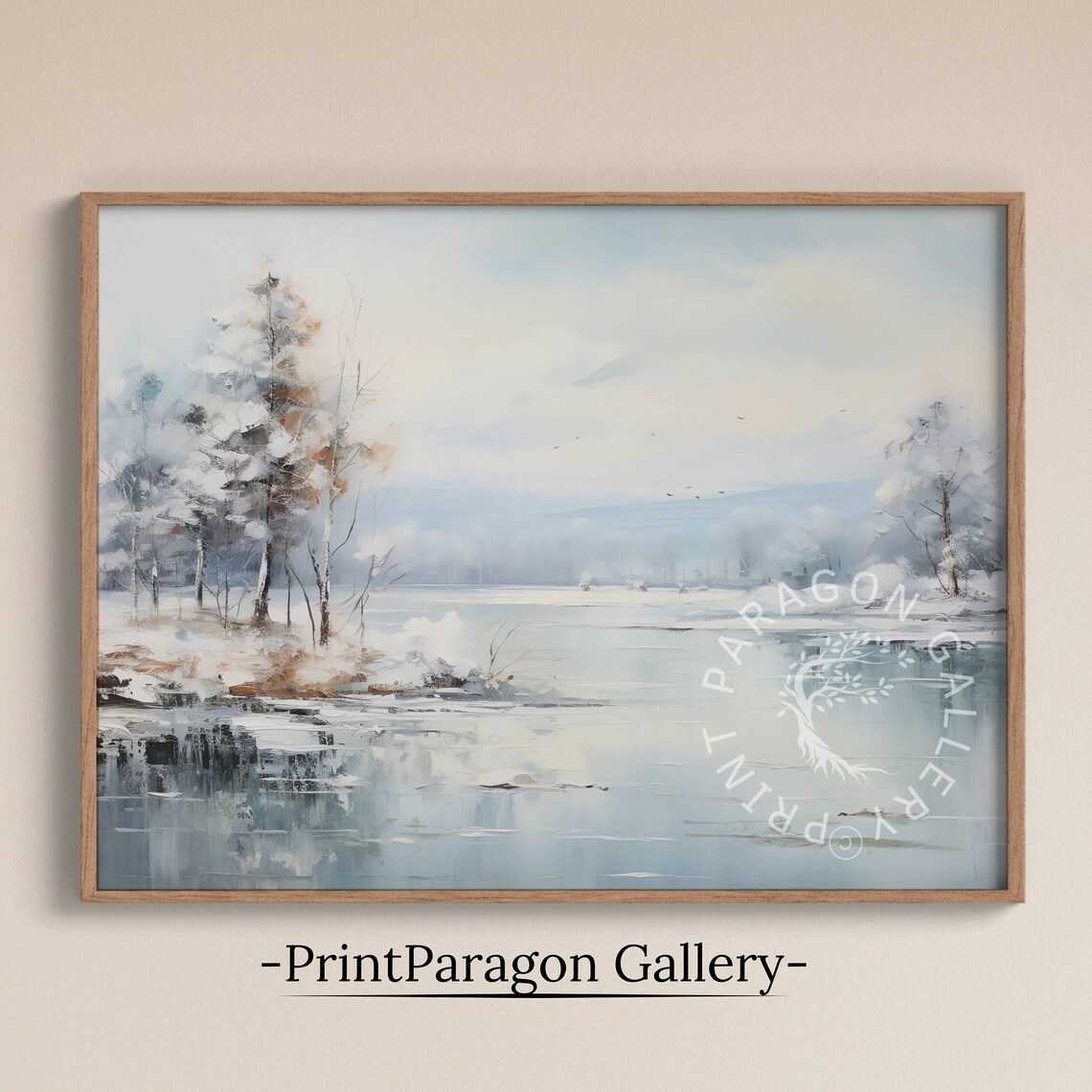 Soft Winter Lake Minimalist Pale Blue Landscape Oil Painting Calm Wall Art