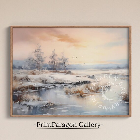 Soft Snowy Winter Stream Frosted Trees Pale Sunrise Oil Painting Calm Wall Art