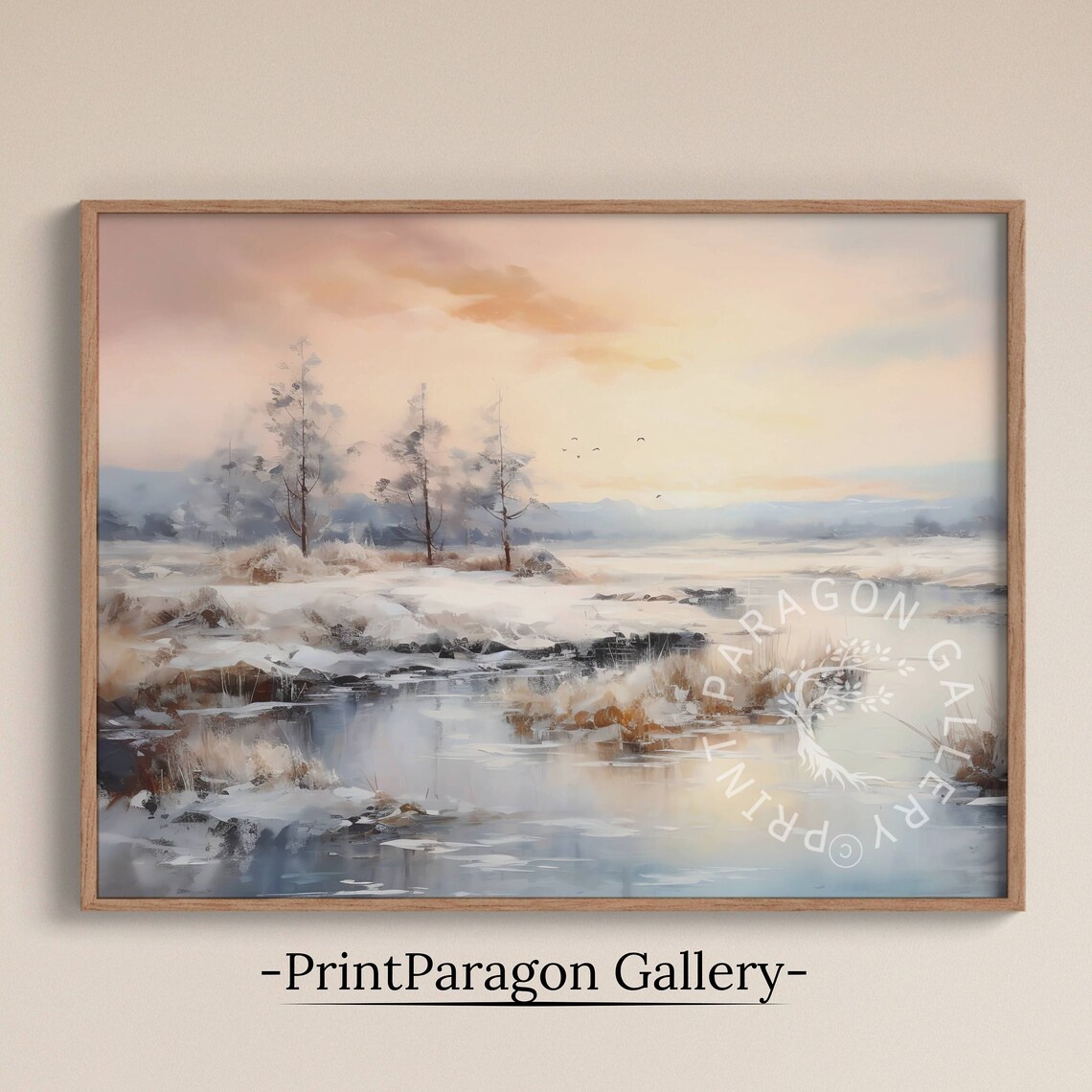 Soft Snowy Winter Stream Frosted Trees Pale Sunrise Oil Painting Calm Wall Art