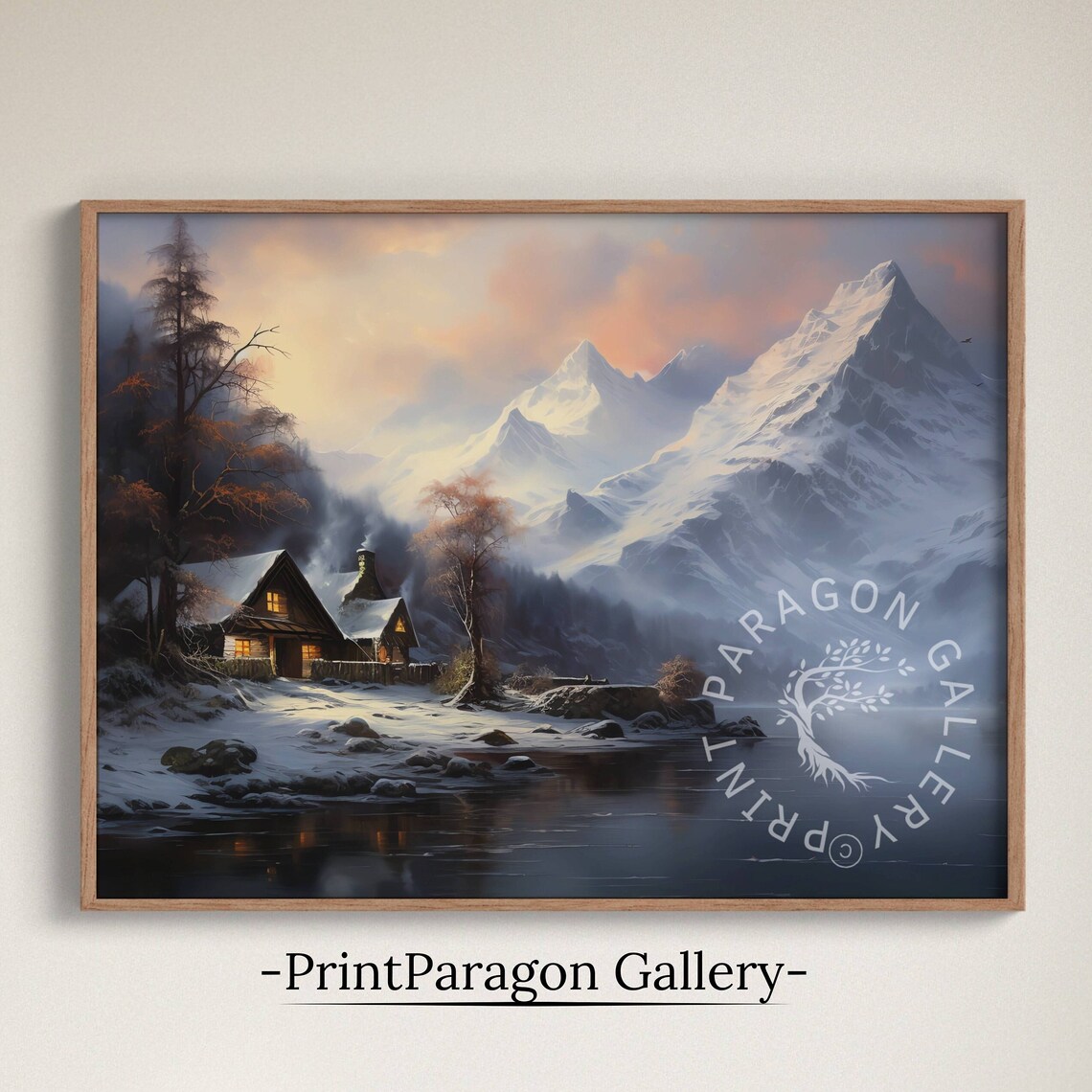 Winter Cabin Glowing by a Frozen Lake Beneath Snowy Peaks Poster