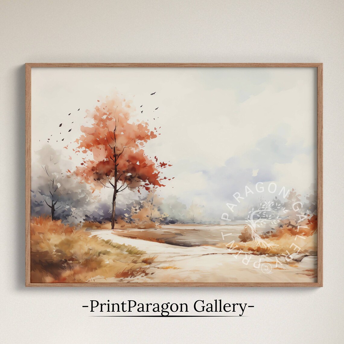 Autumn Field Watercolor Orange Tree Birds Fall Landscape Rustic Wall Art