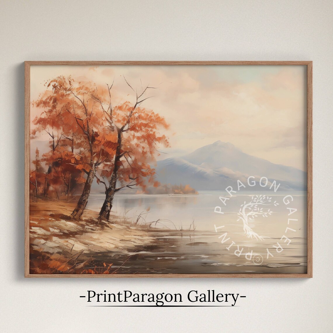 Orange Autumn Trees Quiet Lake Mountains Vintage Landscape Poster