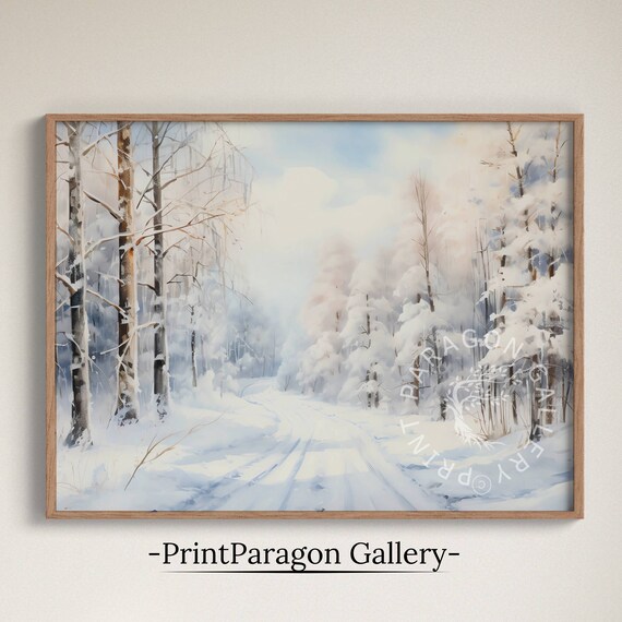 Snowy Birch Forest Path Winding Winter Trail Oil Painting Poster