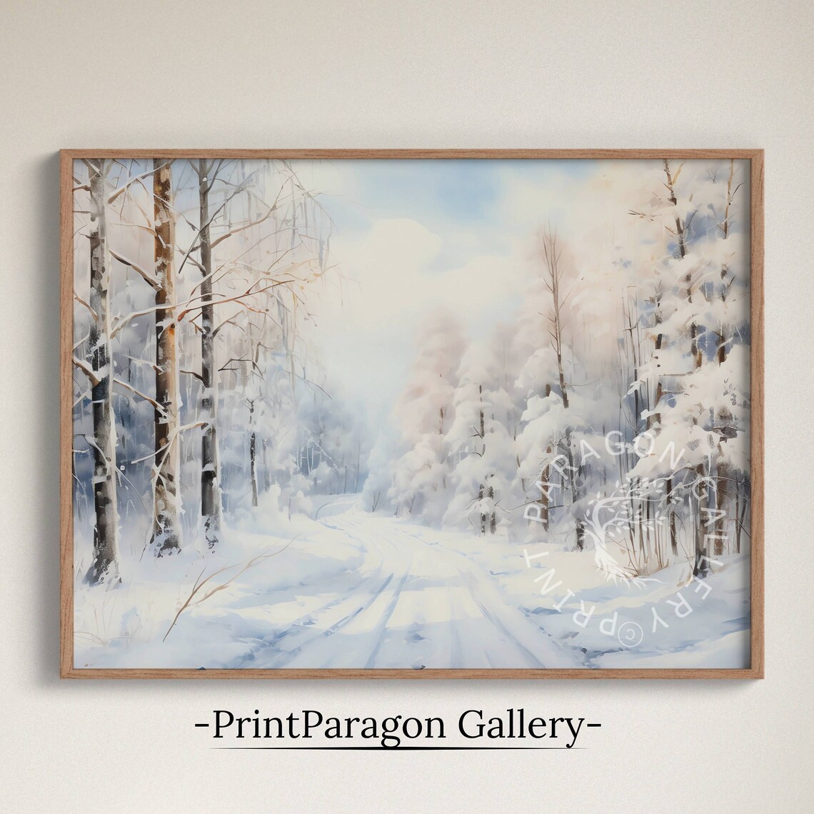 Snowy Birch Forest Path Winding Winter Trail Oil Painting Poster