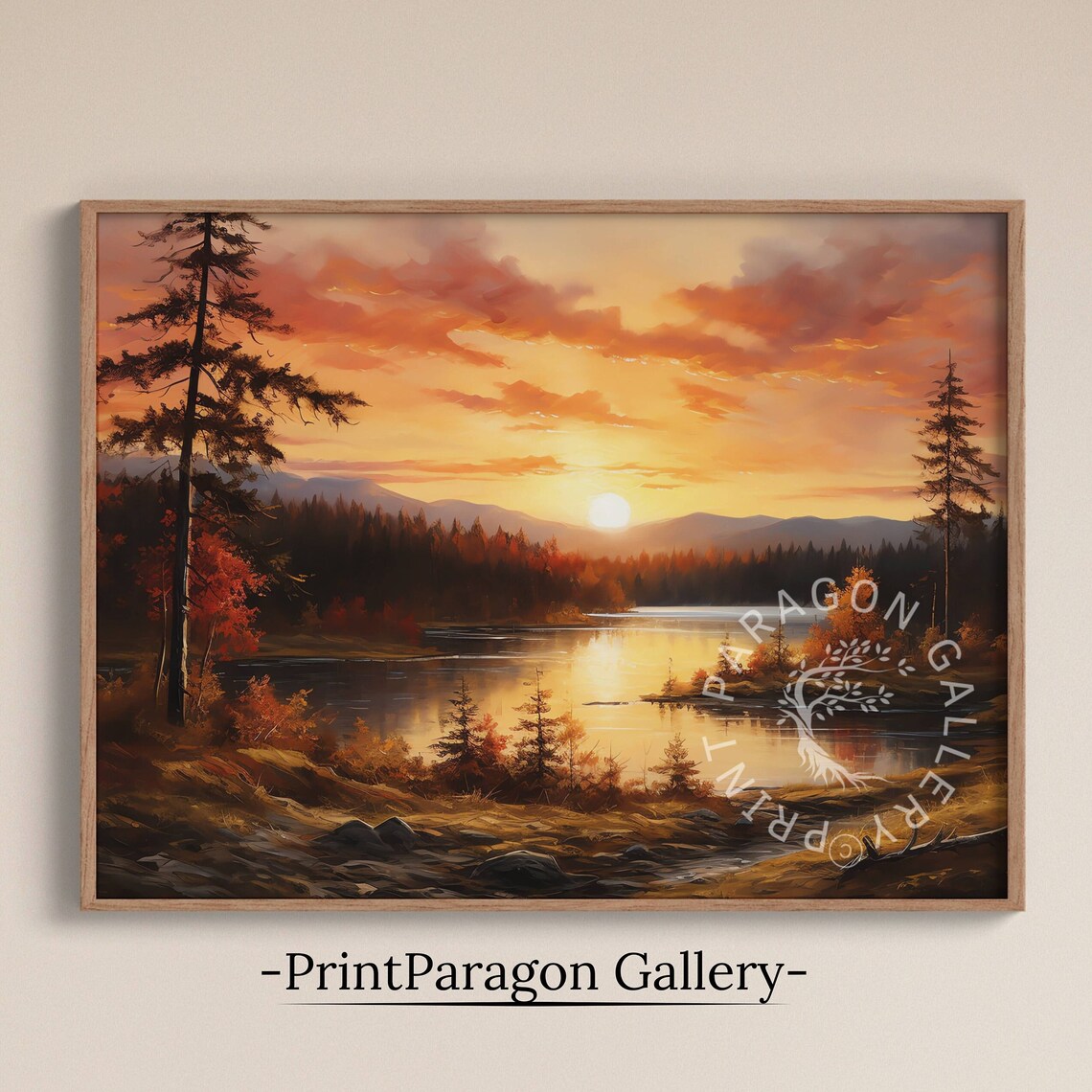 Fiery Autumn Sunset Over Lake Silhouetted Pines Oil Painting Rustic Wall Art