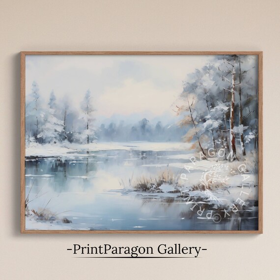 Snowy Forest Pond Winter Watercolor Soft Blue Landscape Nature Wall Art