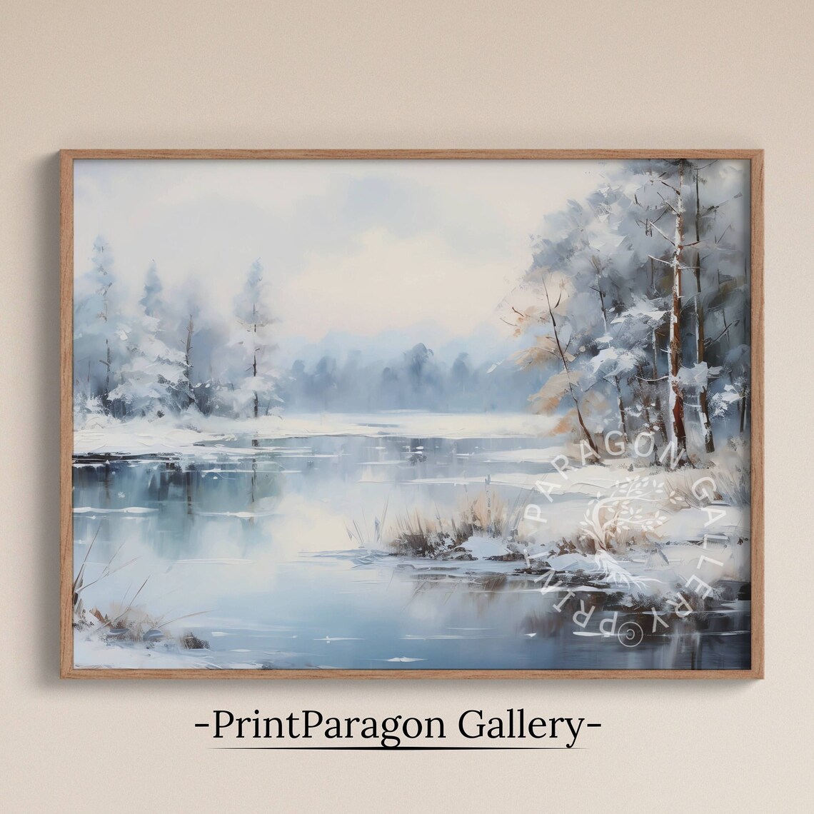 Snowy Forest Pond Winter Watercolor Soft Blue Landscape Nature Wall Art