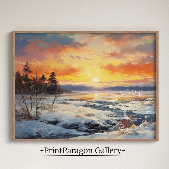 Winter Sunset Over Frozen Lake Snowy Shore Oil Painting Nature Wall Art
