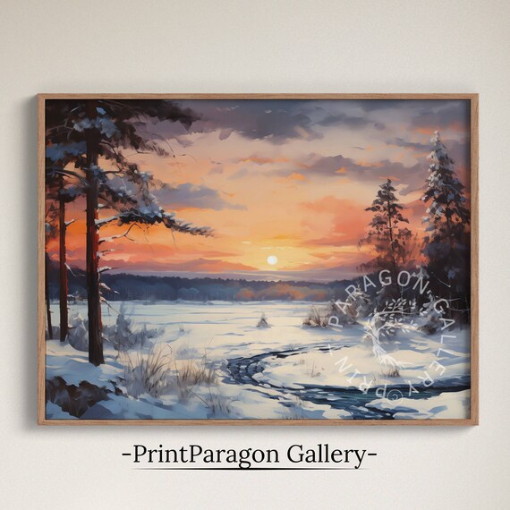 Winter Sunset Over Snowy Field Pine Forest Oil Painting Nature Wall Art