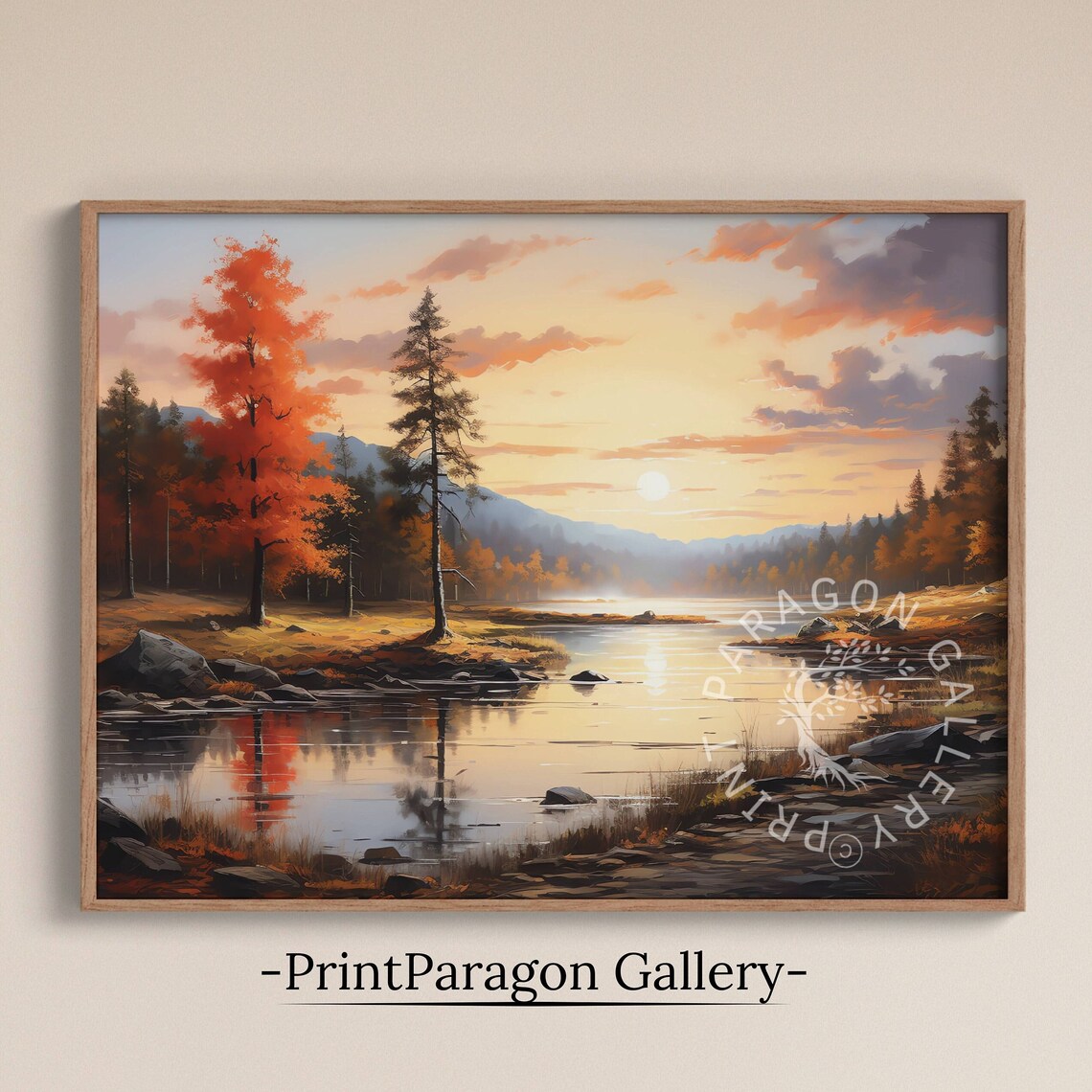 Scarlet Autumn Tree Beside Calm Lake Oil Painting Sunset Reflection Poster