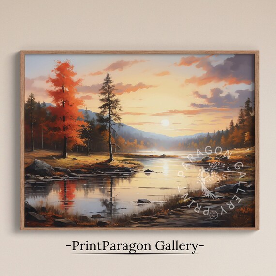 Scarlet Autumn Tree Beside Calm Lake Oil Painting Sunset Reflection Poster
