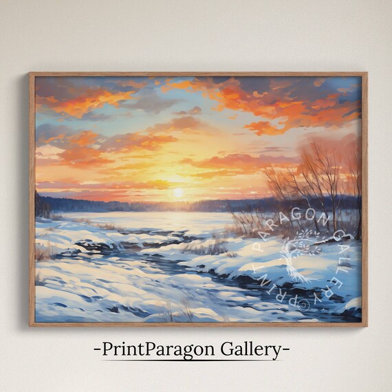 Snowy Winter Stream Sunset Painting Blue Snowfields Orange Cloud Poster