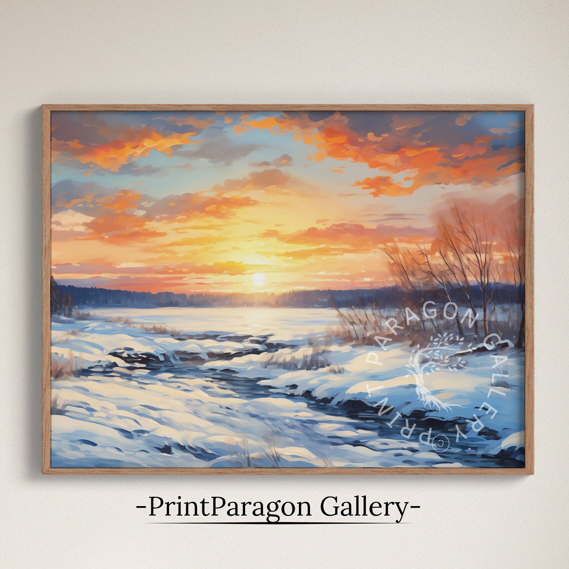 Snowy Winter Stream Sunset Painting Blue Snowfields Orange Cloud Poster