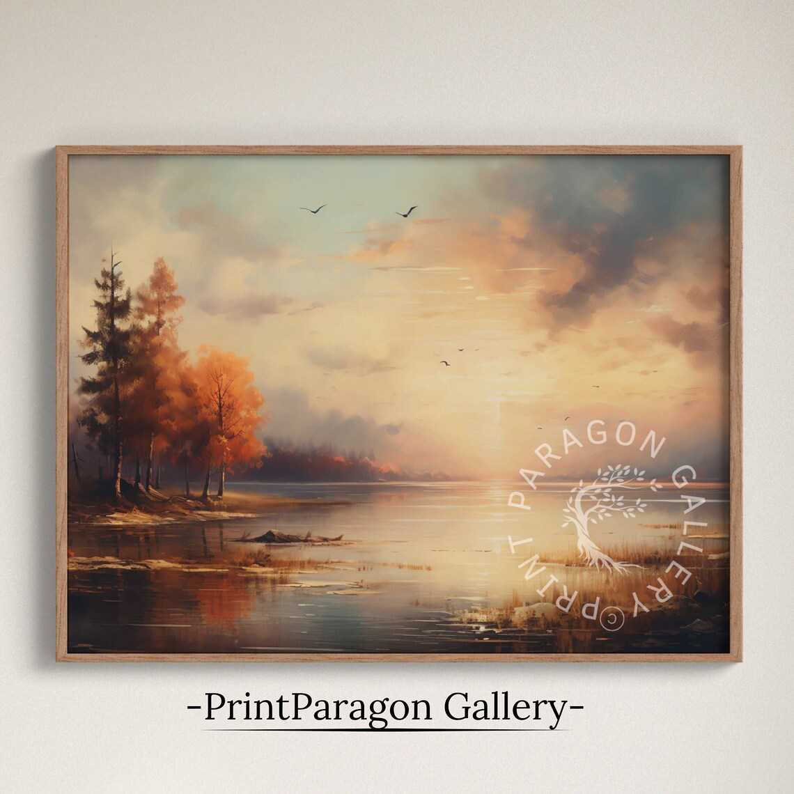 Autumn Lake Sunset Orange Trees Birds Golden Reflection Poster