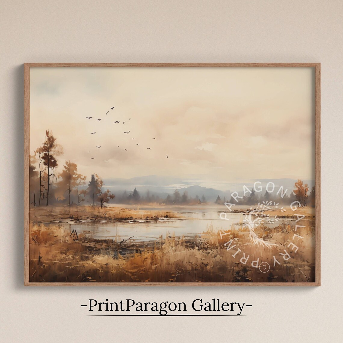 Golden Autumn Wetland Painting Birds Flying Over Still Pond Grass Poster