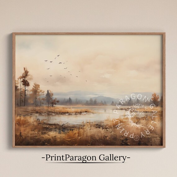 Golden Autumn Wetland Painting Birds Flying Over Still Pond Grass Poster