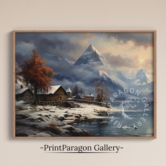 Snowy Mountain Lake Village Winter Cabins Oil Painting Alpine Wall Art