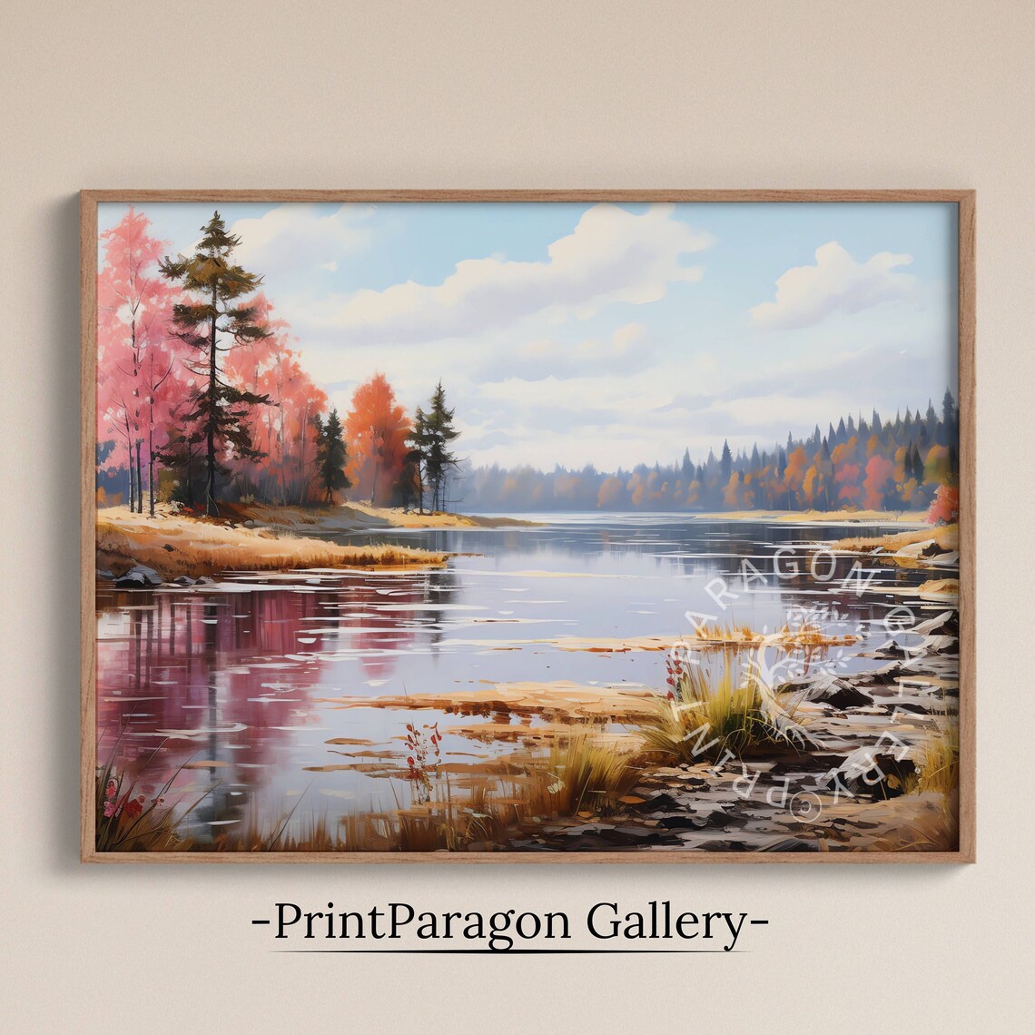 Colorful Autumn Lake Pink Orange Trees Reflecting Oil Painting Fall Wall Art