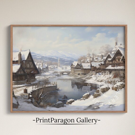 Snowy Medieval Riverside Town Timber Houses Winter Painting Poster