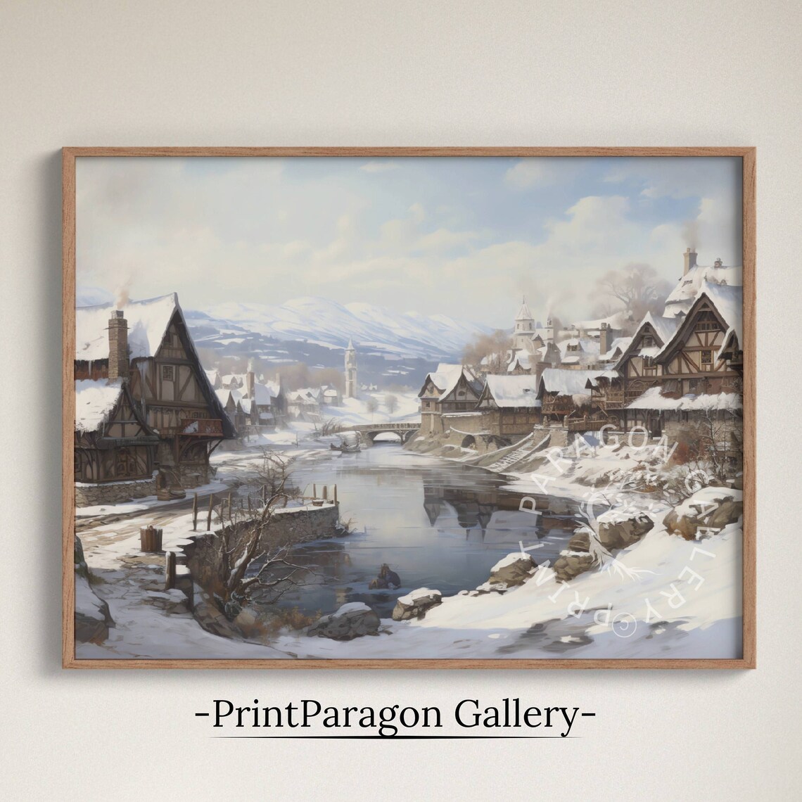 Snowy Medieval Riverside Town Timber Houses Winter Painting Poster