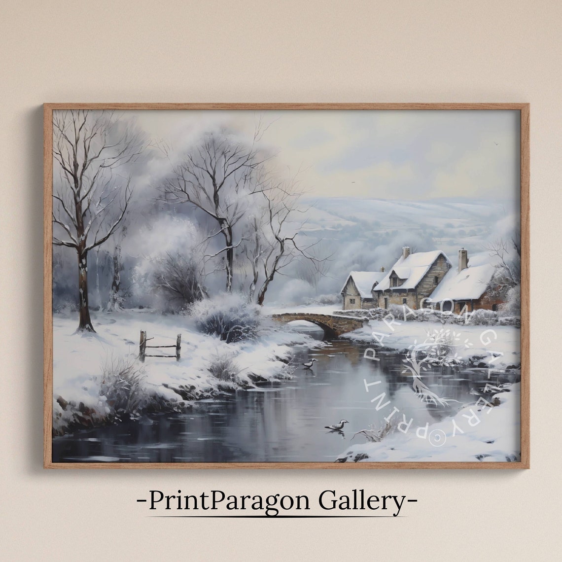 Snowy Countryside Stream Stone Bridge Cottages Winter Scenery Poster