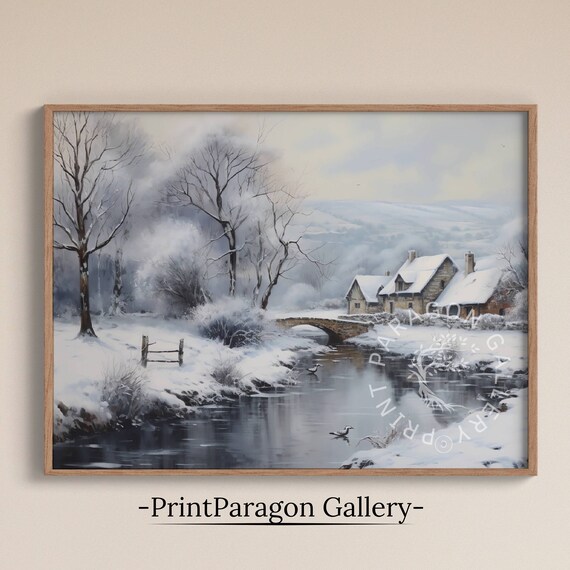 Snowy Countryside Stream Stone Bridge Cottages Winter Scenery Poster
