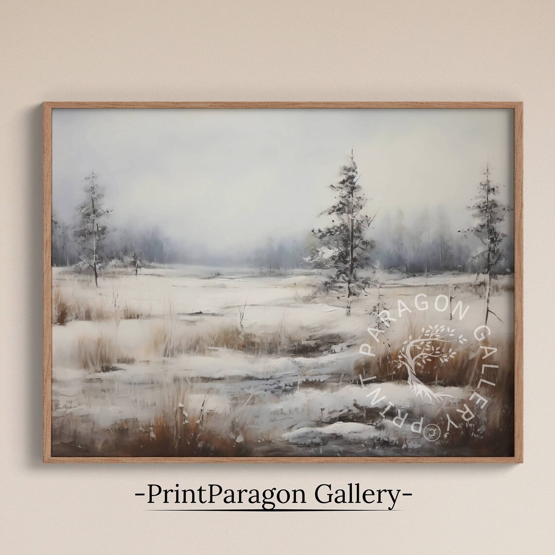 Serene Snowy Winter Field Minimalist Landscape Oil Painting Poster
