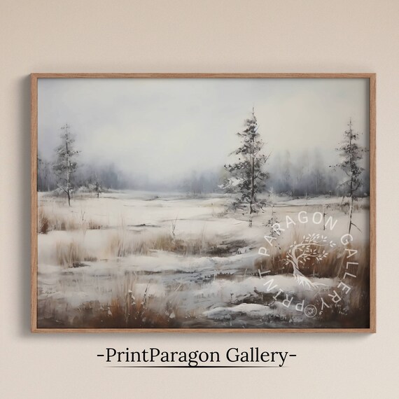 Serene Snowy Winter Field Minimalist Landscape Oil Painting Poster