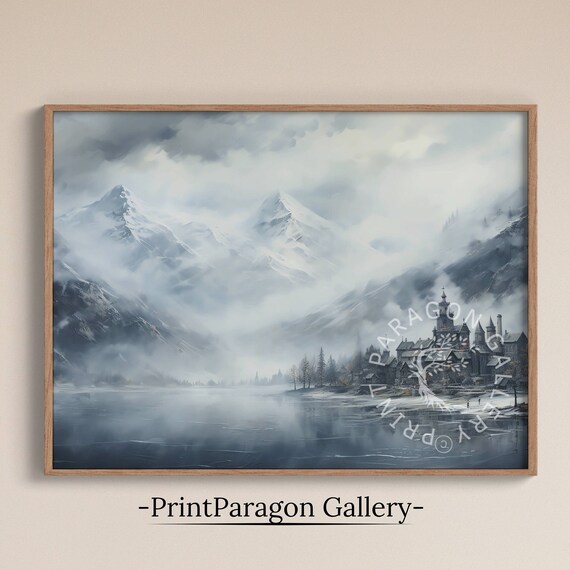 Misty Snowy Mountain Village Winter Lake Oil Painting Moody Wall Art