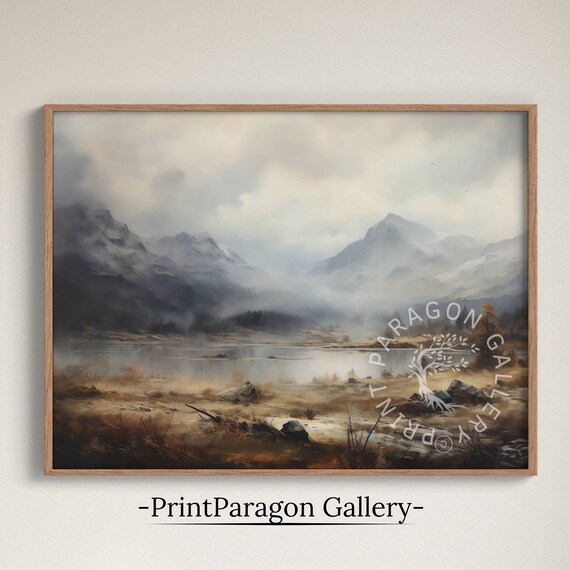 Stormy Mountain Lake with Misty Peaks Dramatic Nature Wall Art