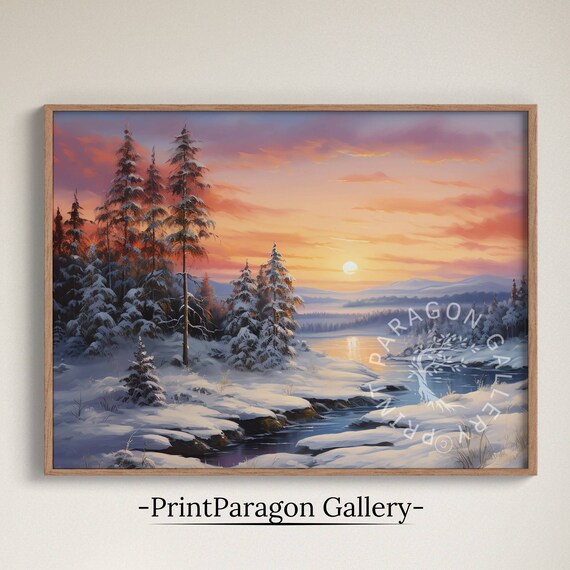 Snowy Pine Forest Winter Sunset Stream Oil Painting Rustic Wall Art