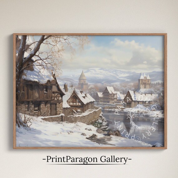 Snowy Stone Village Riverside Castle Winter Town Landscape Poster