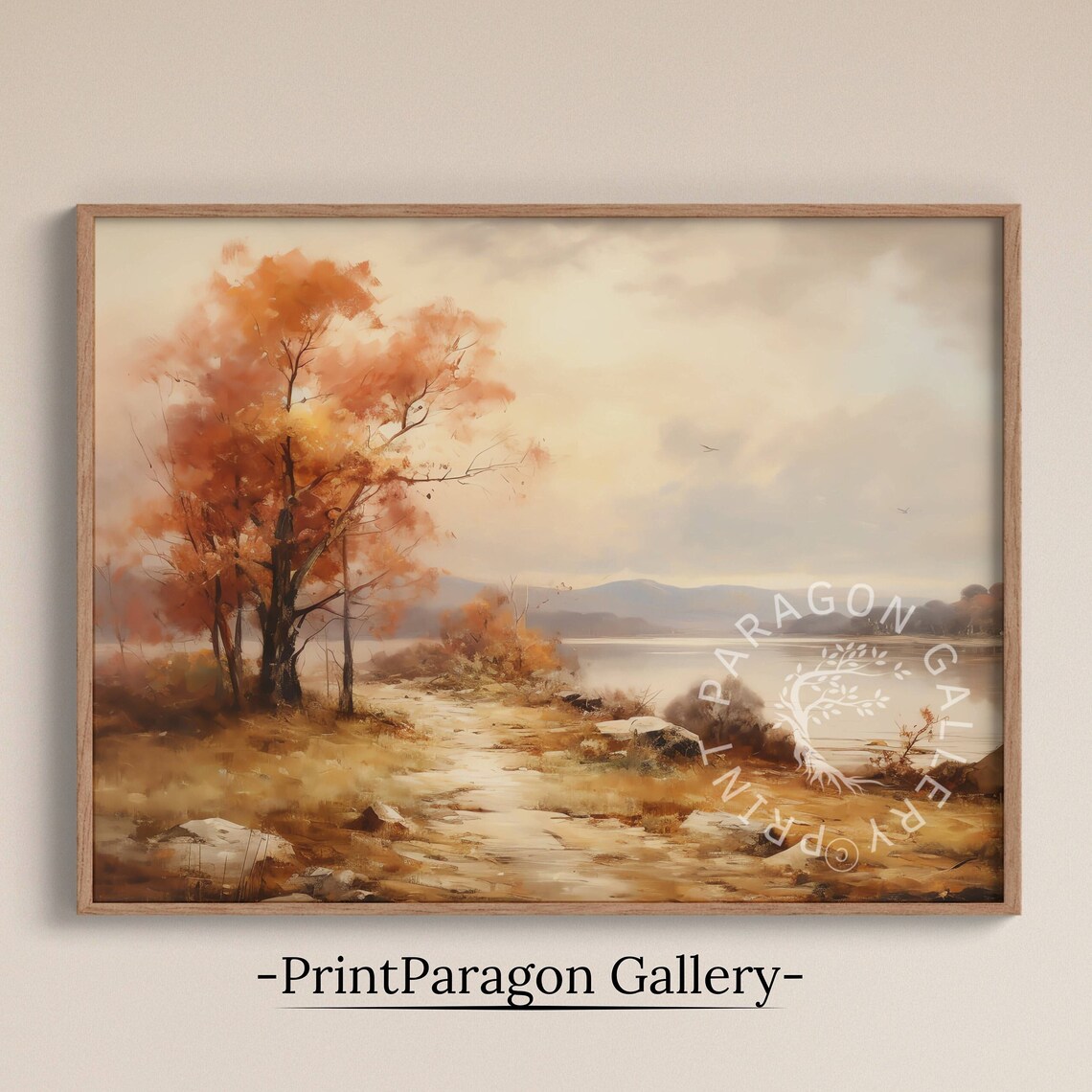 Warm Autumn Lakeshore Oil Painting Amber Trees Misty Calm Water Poster