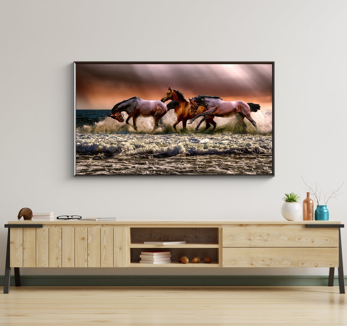 Horses Galloping Ocean Surf Dramatic Sunset Wildlife Action Art Poster
