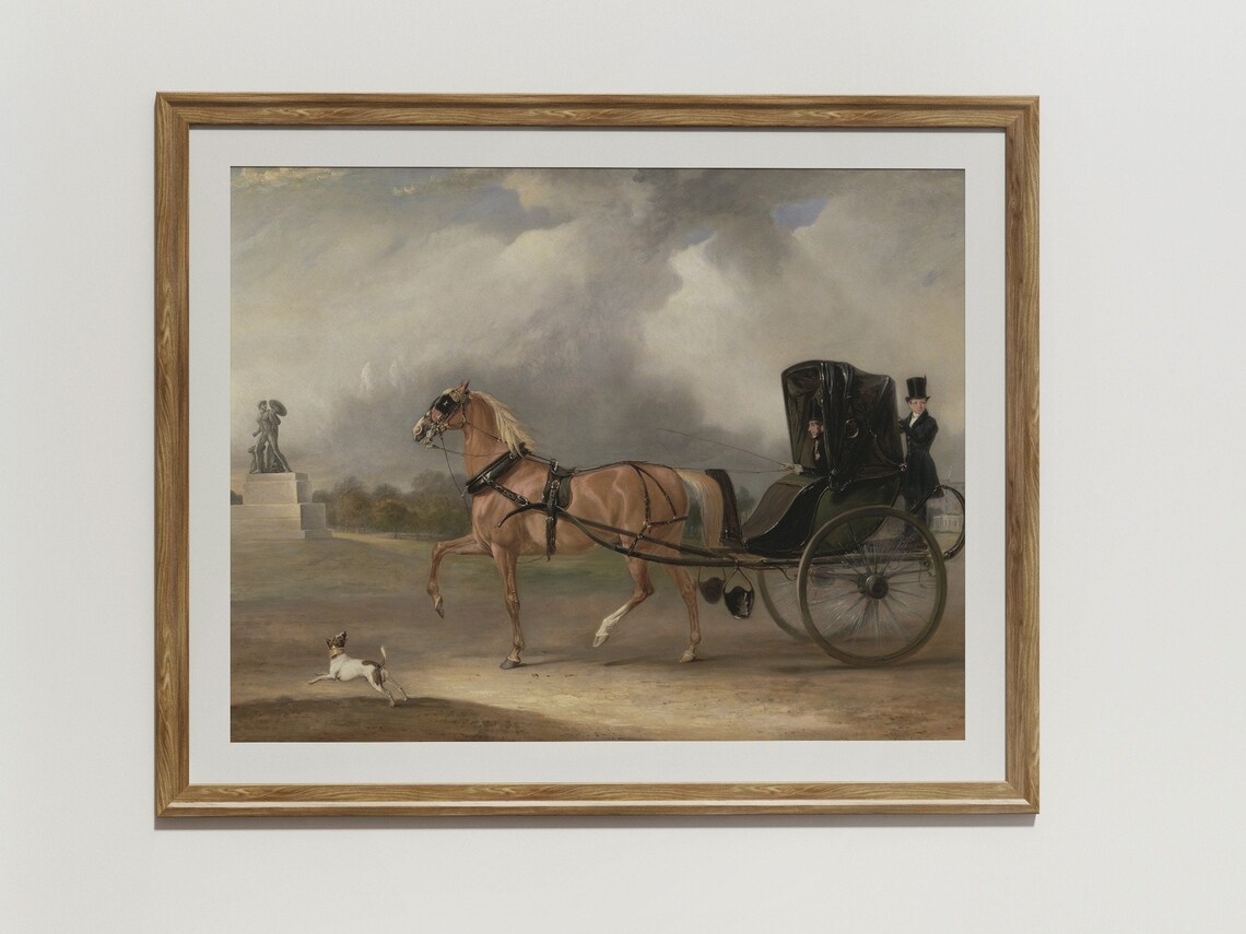 Chestnut Horse Drawing Carriage In Park With Dog Vintage Art Poster - Image 2