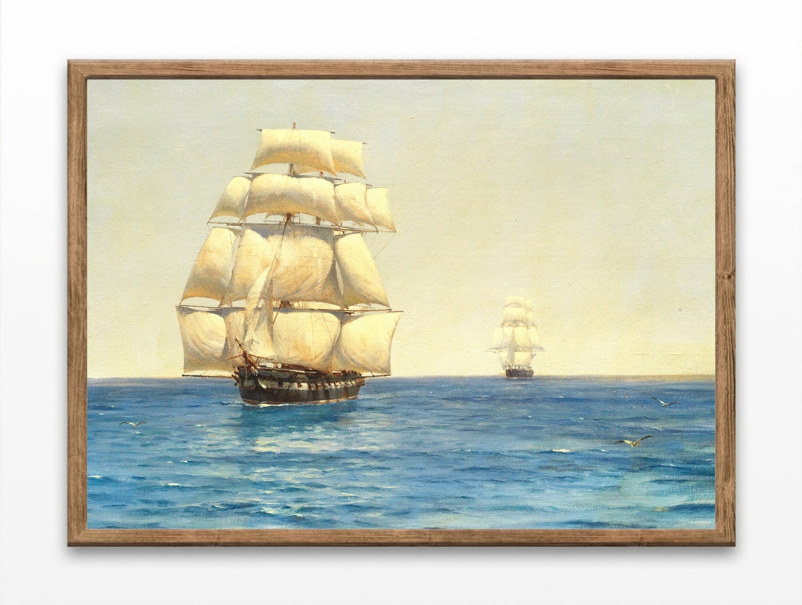 Vintage Sailing Ships On The Ocean Tall Masts Full Sails Nautical Art Poster