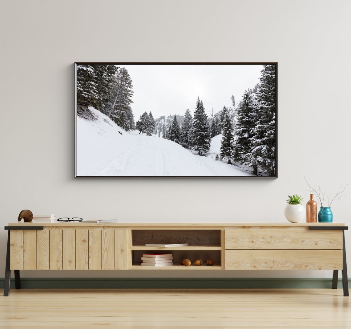 Snowy Mountain Road Through Tall Pine Forest Winter Wonderland Poster