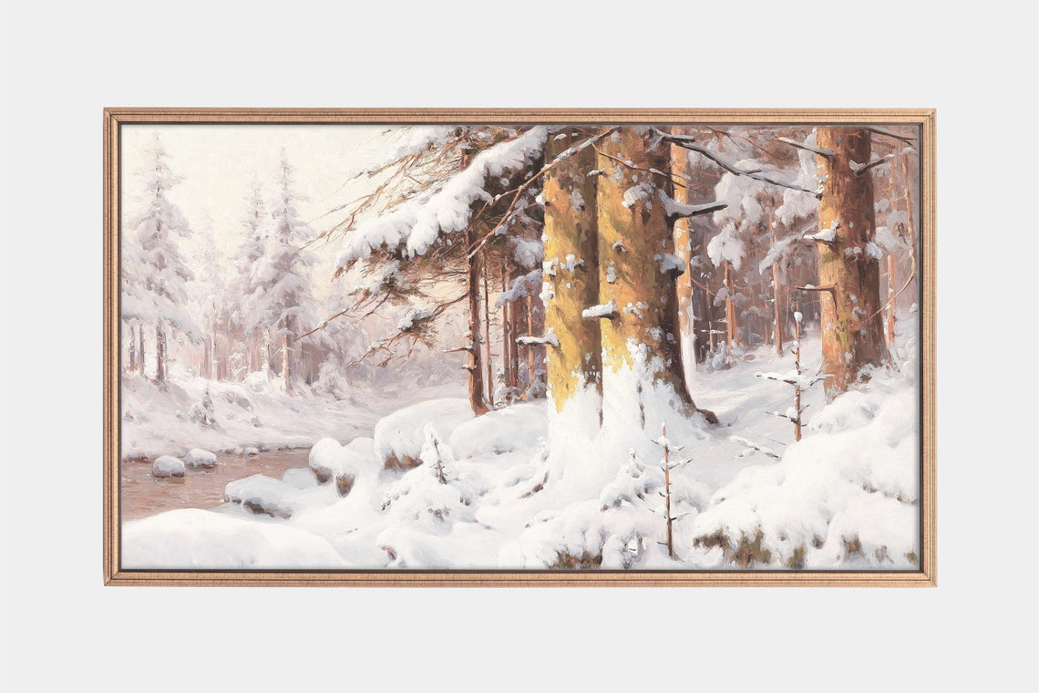 Sunlit Snowy Pine Forest With Stream Winter Wonderland Art Poster