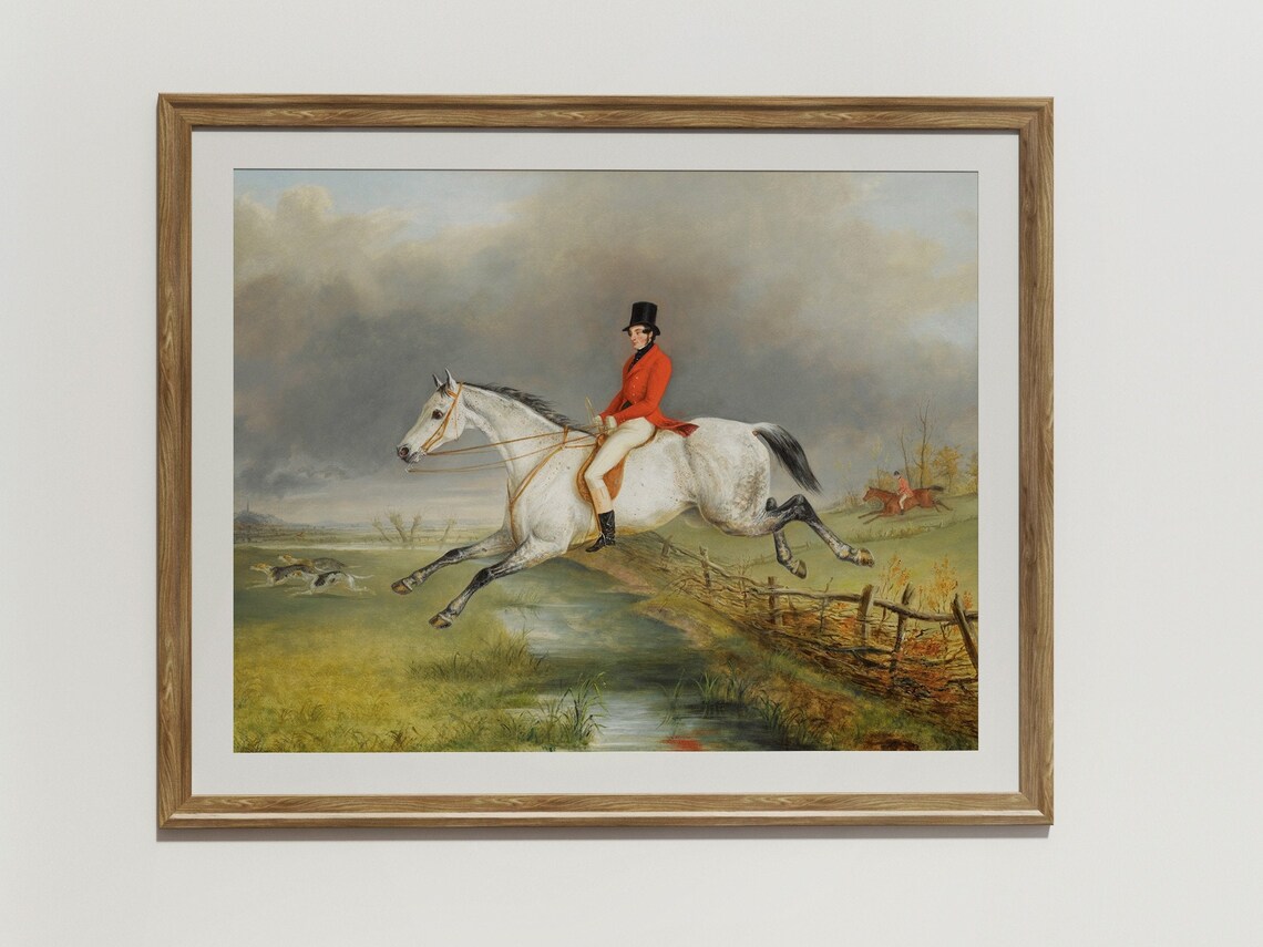 English Fox Hunter In Red Coat On Grey Horse Jumping Fence Oil Poster - Image 3