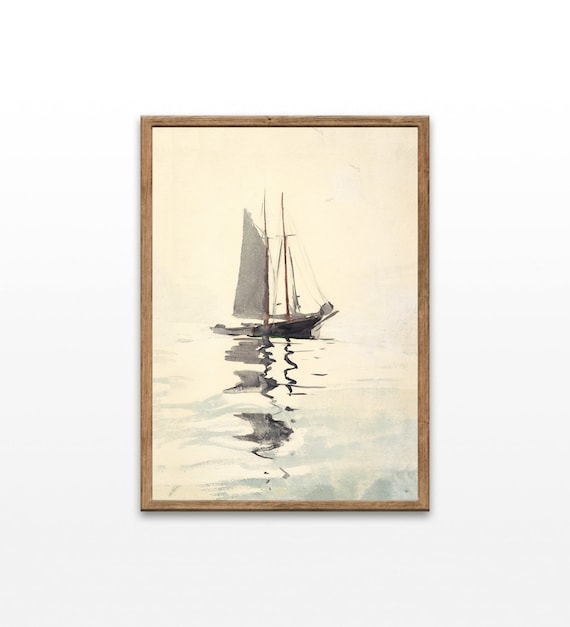 Vintage Schooner Watercolor Painting Calm Sea Reflection Nautical Poster