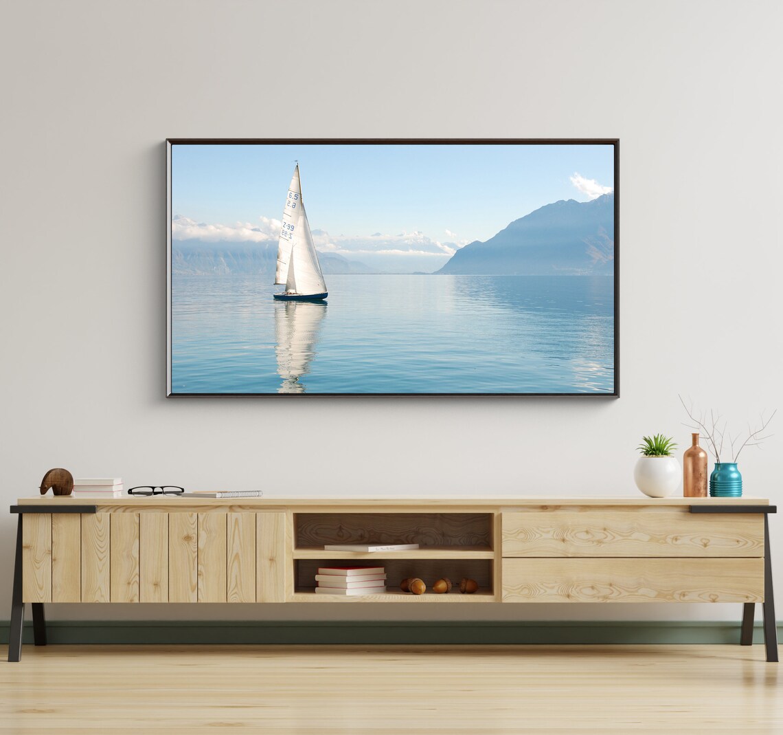 Sailing Boat On The Lake Art Print, Frame TV - Image 2