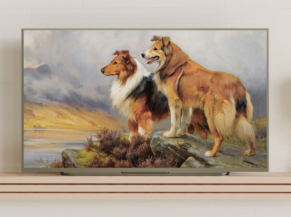 Two Collies Standing on Rocky Overlook at Sunset Vintage Dog Poster - Image 3