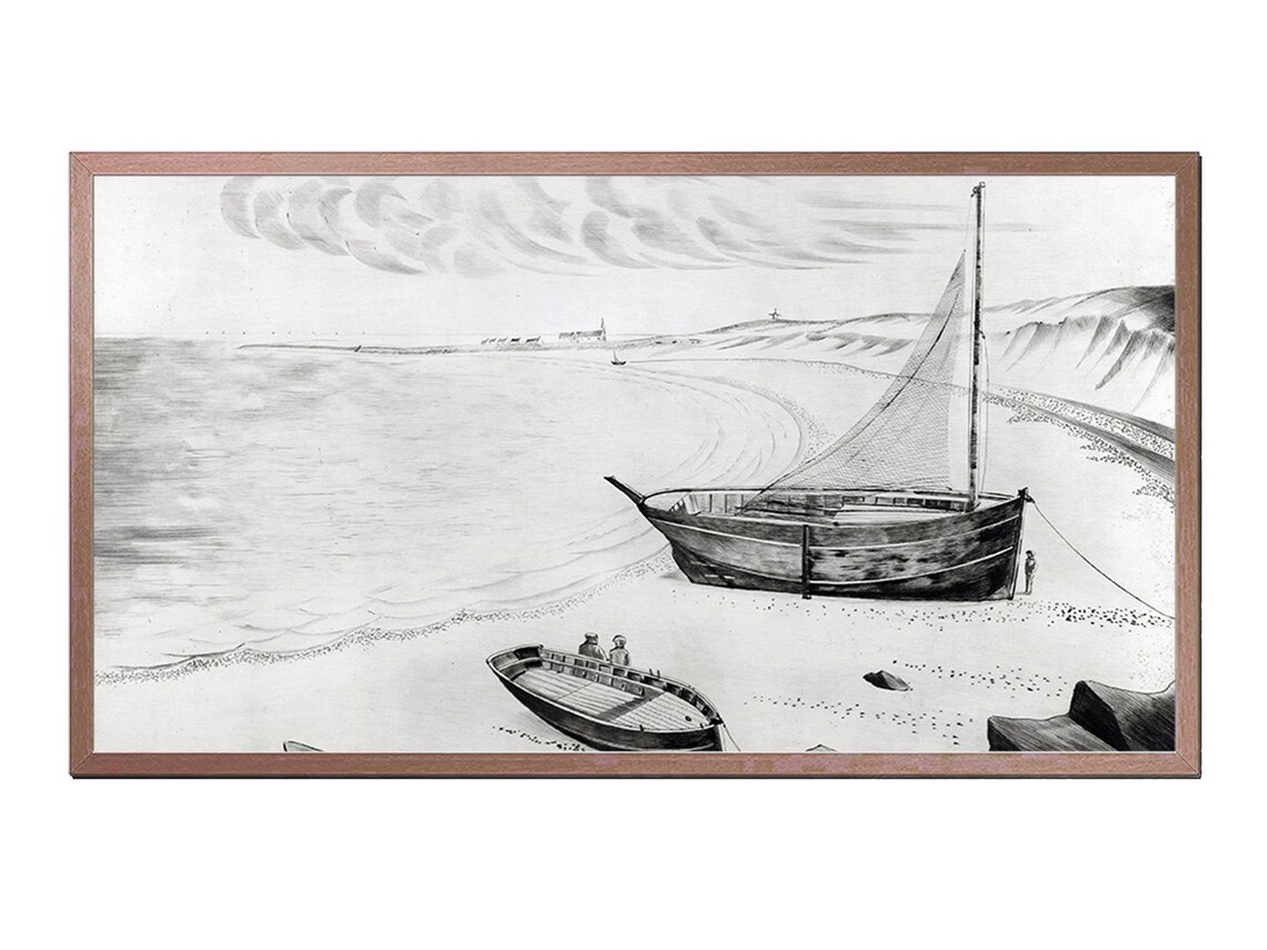 Vintage Coastal Drawing Art For TV Frame