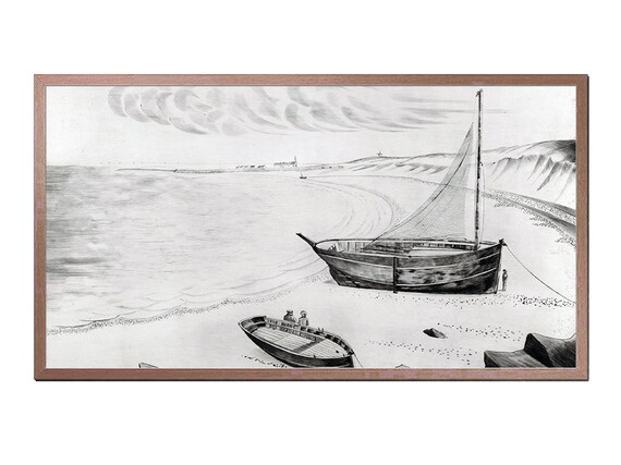 Vintage Coastal Drawing Art For TV Frame